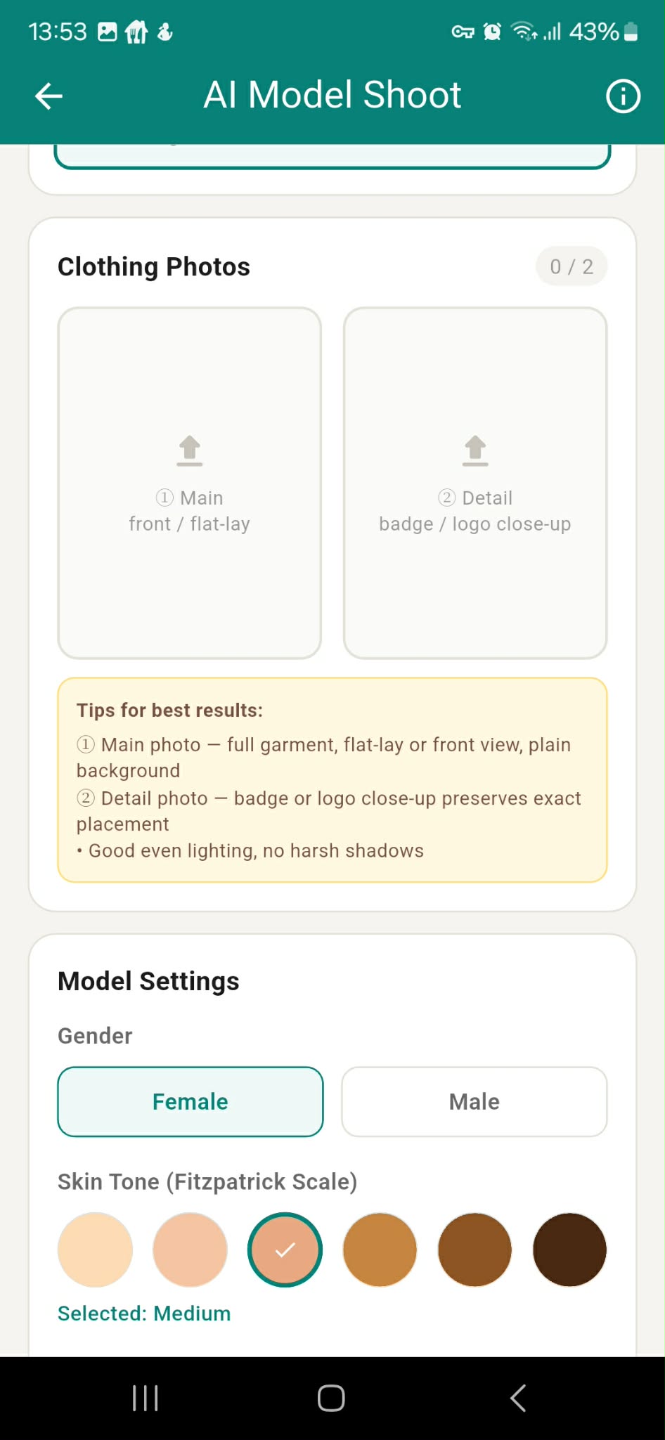 AI Model Shoot — settings