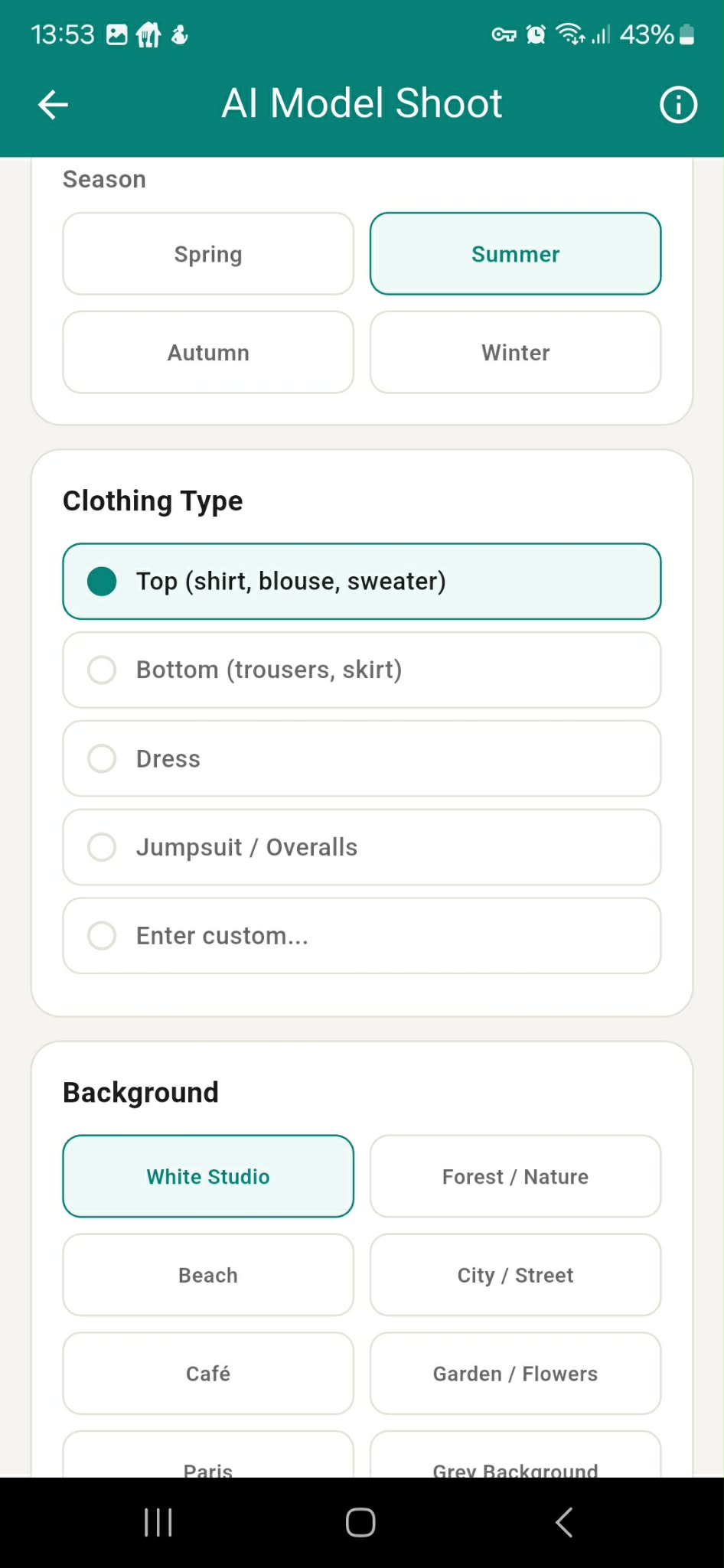 AI Model Shoot — clothing and background