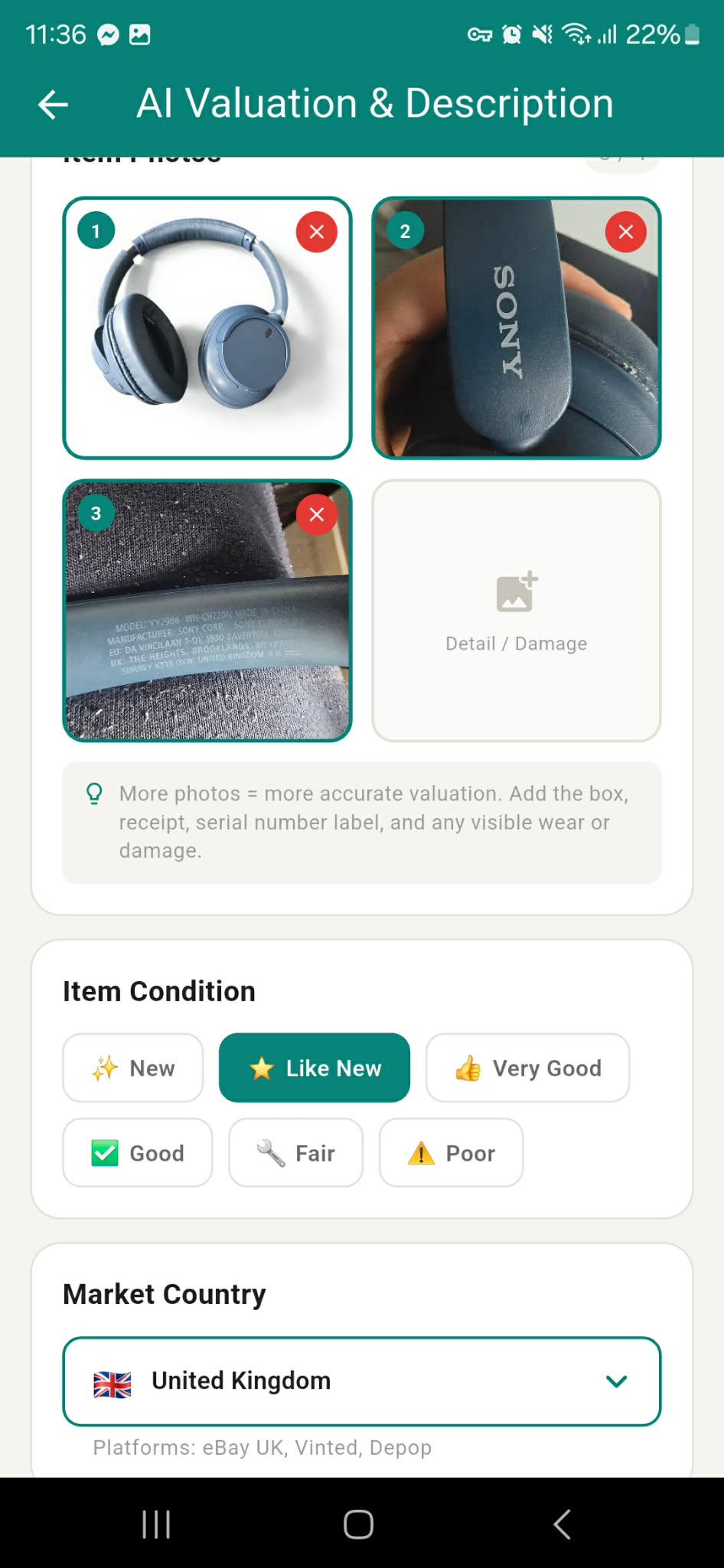 AI Valuation — upload photos